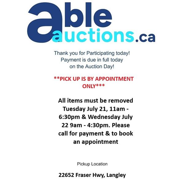 *All items must be removed by appointment Tues July 21 11am - 6:30pm & Wed 9am - 4:30pm*
