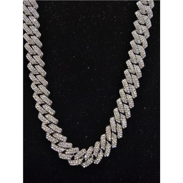 *NEW* PLATINUM PLATED 14MM SIMULATED DIAMOND (CZ) ICED OUT CUBAN LINK NECKLACE: 19.5" LONG