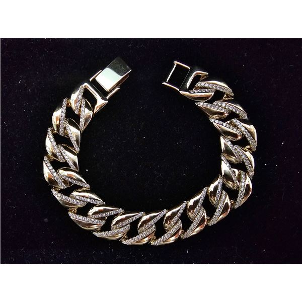 *NEW* 14KT GOLD PLATED 14MM SIMULATED DIAMOND (CZ) ICED OUT CUBAN LINK BRACELET: 8" LONG