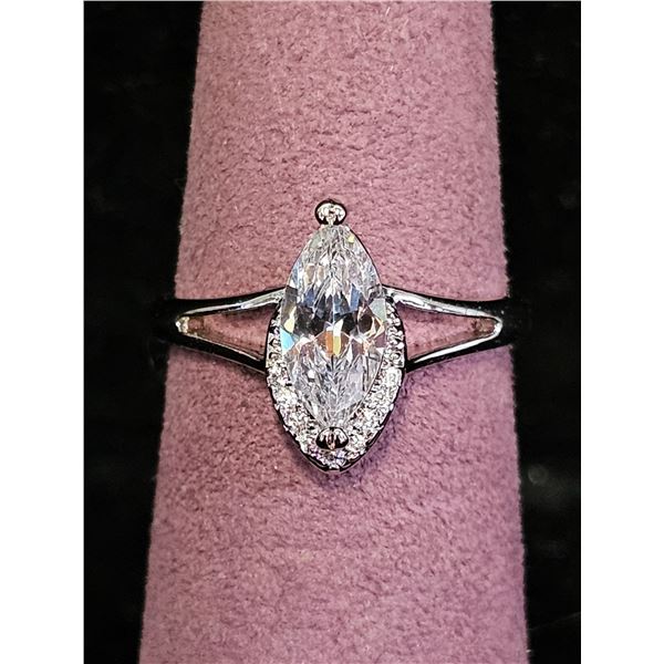 *NEW* PLATINUM PLATED 1CT MARQUISE CUT SIMULATED DIAMOND (CZ) SEMI-HALO RING: SIZE 6