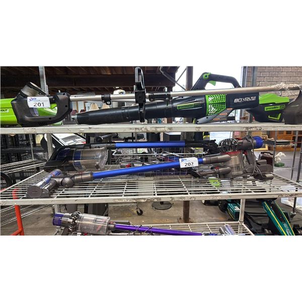 (2) DYSON CORDLESS STICK VACUUMS & BOX OF ASSORTED ATTACHMENTS *WORKING CONDITION UNKNOWN/MAY BE