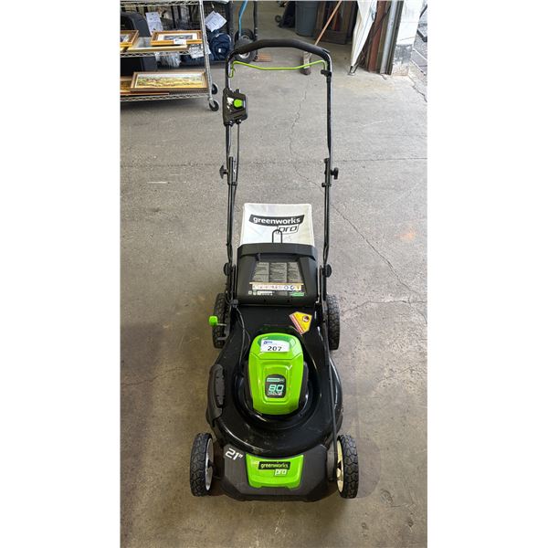 GREENWORKS PRO 80V 21" CORDLESS LAWN MOWER W/GRASS CATCHER BAG *NO BATTERY/NO CHARGER/WORKING