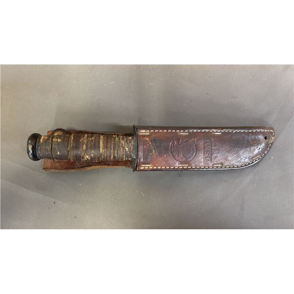 USMC KA-BAR KNIFE WITH LEATHER SHEATH *BLADE NEED CLEANING/SOME RUST*
