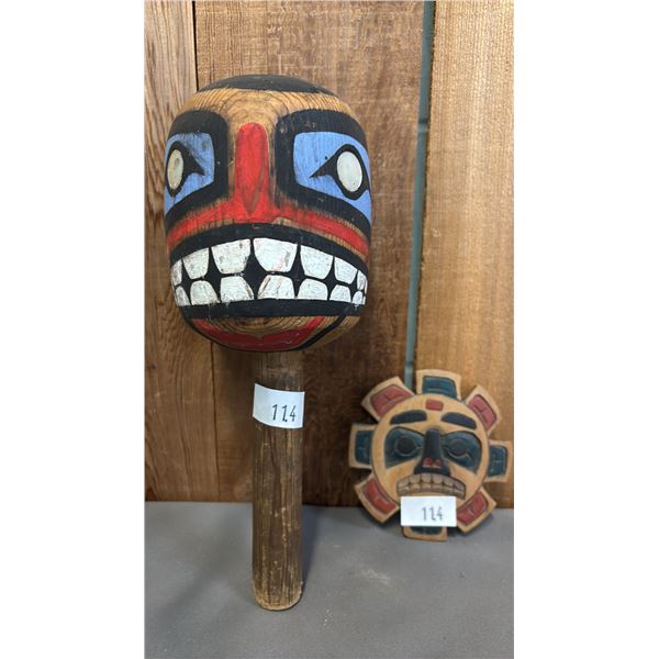 HAND CARVED & PAINTED FIRST NATIONS WOOD SUN PLAQUE & RATTLE