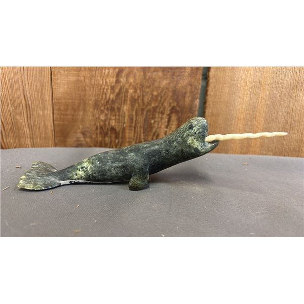 HAND CARVED INUIT SOAPSTONE NARWHAL SCULPTURE