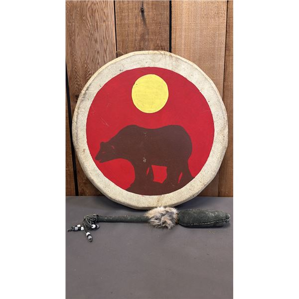 15" DIAMETER HAND PAINTED FIRST NATIONS DRUM WITH BEATER