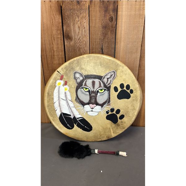 22" WIDE HAND PAINTED INDIGENOUS-STYLE DRUM WITH BEATER *TEAR IN TOP LEFT*