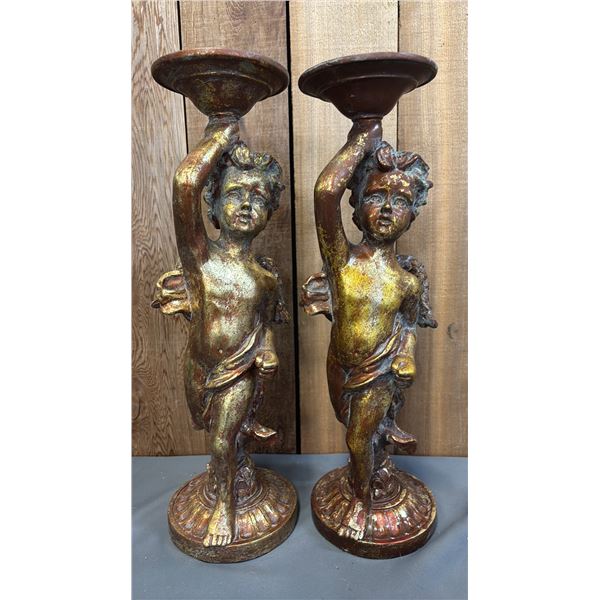 PAIR OF 19" TALL CHERUB PEDESTAL CANDLE HOLDERS