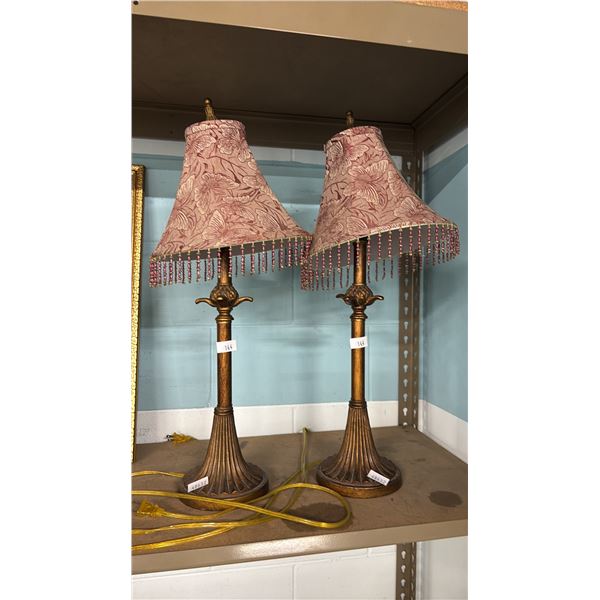 PAIR OF VINTAGE STYLE BUFFET LAMPS WITH BEADED FABRIC SHADES