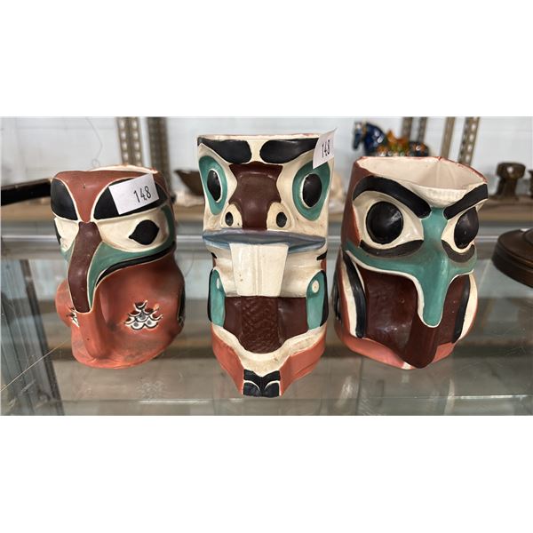 (3) GLAZED PORCELAIN INDIGENOUS MASK MUGS