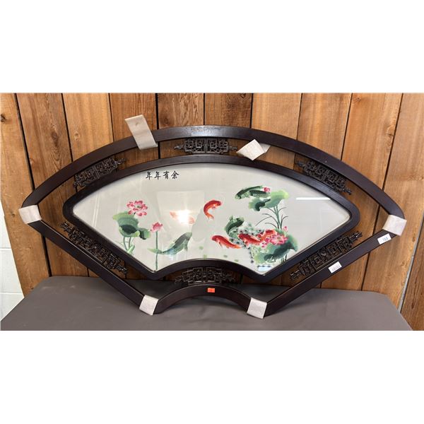 CHINESE WOOD FRAMED FAN SHAPED KOI FISH EMBROIDERY PANEL
