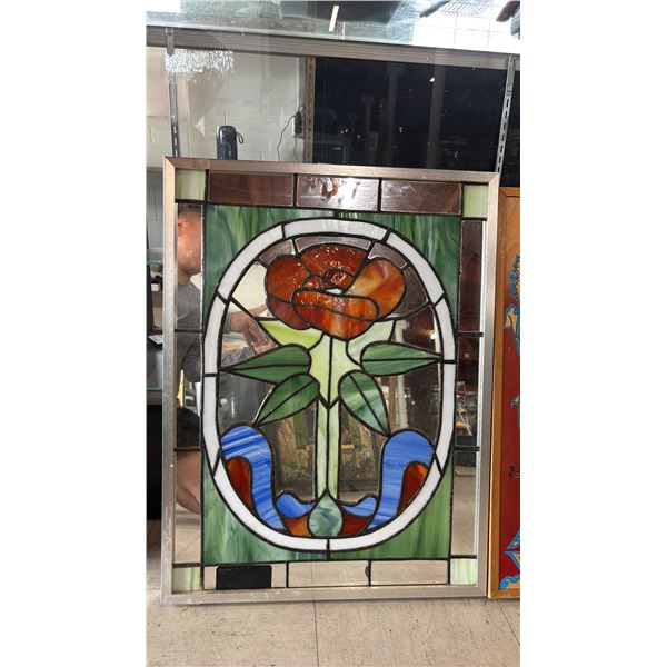 FRAMED MACKINTOSH ROSE DESIGN STAINED GLASS PANEL