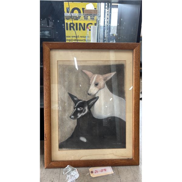 FRAMED ORIGINAL 1976 COLOURED PENCIL DRAWING OF DOGS BY COLLEEN FRENCH