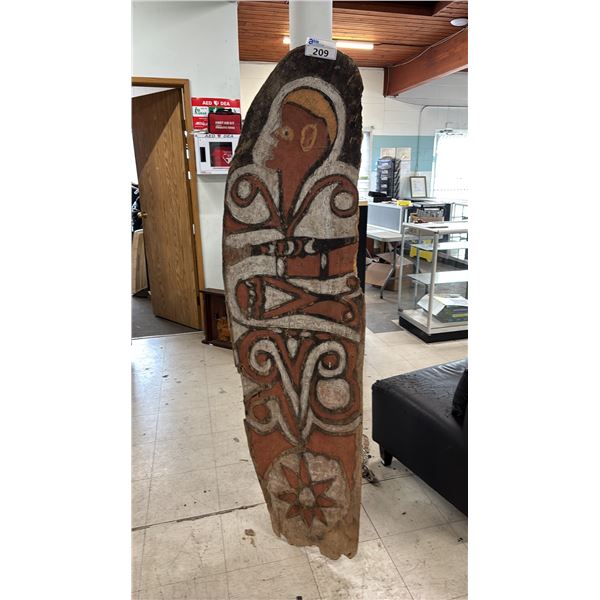 LARGE HAND CARVED & PAINTED INDIGENOUS WOOD SHIELD: APPROX. 6' TALL