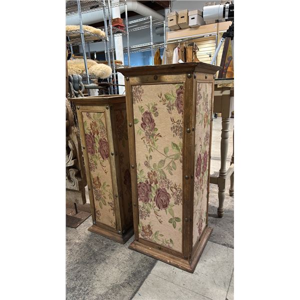 PAIR OF WOOD PLANTERS WITH FLORAL FABRIC INLAID PANELS: TALLEST IS APPROX. 36" TALL