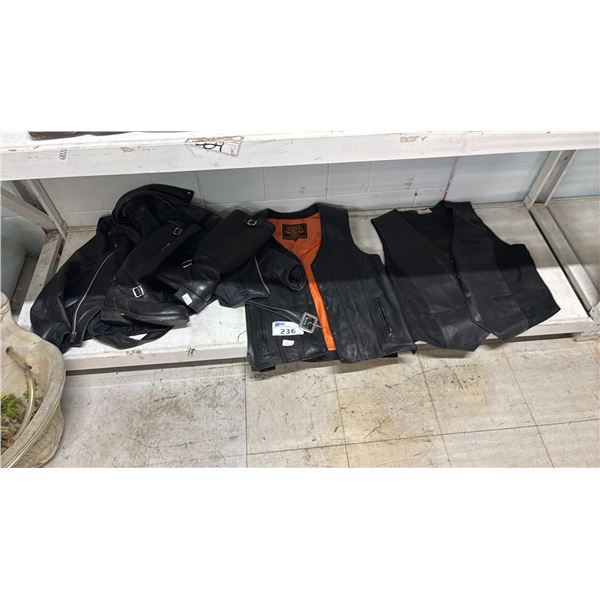 SHELF OF LEATHER VESTS, JACKET & BOOTS
