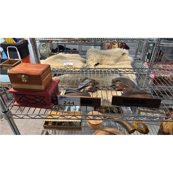 (2) PAINTED CEDAR BOXES & (2) A. FRANCO CARVED WOOD SCULPTURES