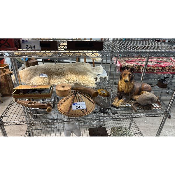 SHELF OF ASSTD. VINTAGE ITEMS: CIGAR BOX, SMALL WOOD MODEL KAYAK, BAMBOO HAT, CERAMIC COLLIE & MORE