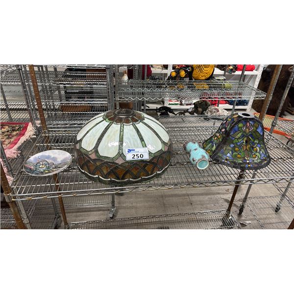 (2) TIFFANY-STYLE LAMP SHADES, VINTAGE CERAMIC JUG & "CHANDLER'S COTTAGE" COLLECTOR PLATE