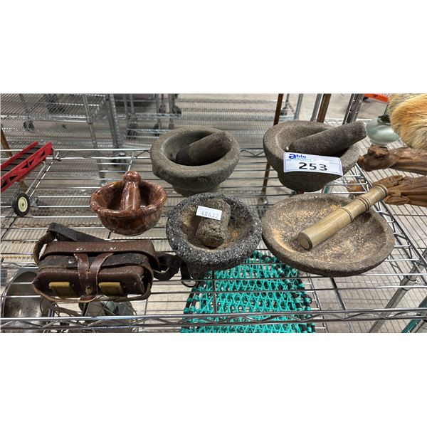 VINTAGE LEATHER AMMO POUCH & (5) ASSORTED STONE PESTLE & MORTAR SETS