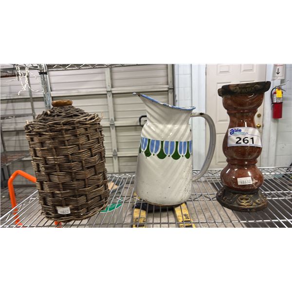 VINTAGE NAVAL RUM FLAGON, VINTAGE METAL PITCHER & PEDESTAL CANDLE HOLDER