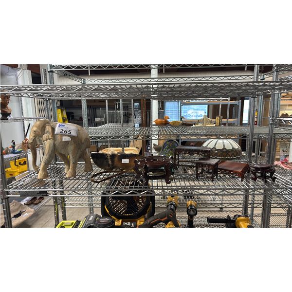 CARVED WOOD ELEPHANT, ASSORTED WOOD DISPLAY STANDS & MORE