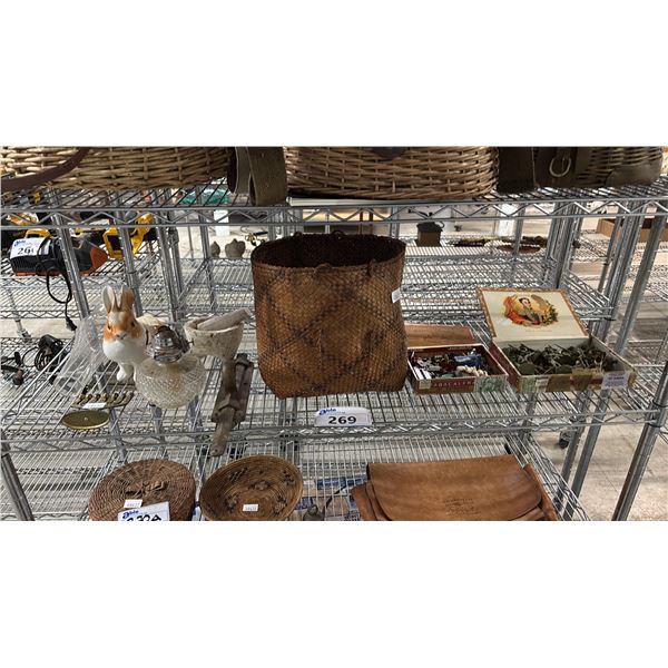(2) CIGAR BOXES OF ASSTD. MINI FIGURES, WOVEN BASKET/BAG, WALL MOUNT METAL WALL HOOK & MORE