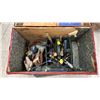 Image 3 : ANTIQUE RED STEAMER TRUNK FILLED WITH ASSORTED HAND TOOLS