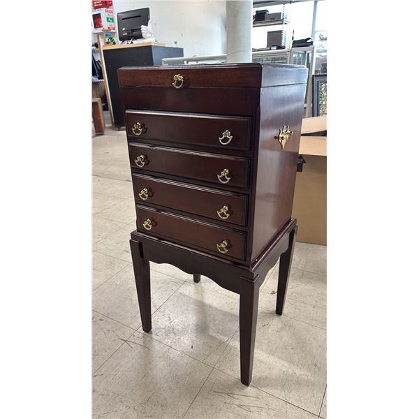 VINTAGE QUEEN ANNE STYLE JEWELRY ARMOIRE WITH LIFT-TOP LID & 4 DRAWERS *MISSING RIGHT HANDLE*