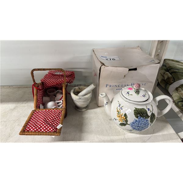 PRINCESS HOUSE TEAPOT, MARBLE MORTAR & PESTLE & CHILD'S TOY TEA SET IN WICKER BASKET