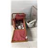 Image 2 : PRINCESS HOUSE TEAPOT, MARBLE MORTAR & PESTLE & CHILD'S TOY TEA SET IN WICKER BASKET