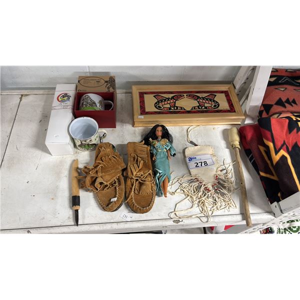LEATHER MOCCASINS, CEDAR BOX, FIRST NATIONS DESIGN WATER BOTTLE, MUGS  & MORE