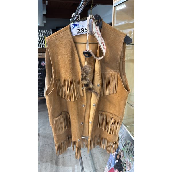 VINTAGE TAN SUEDE FRINGED VEST WITH FIRST NATIONS LEATHER HEADBAND *SIZE UNKNOWN*