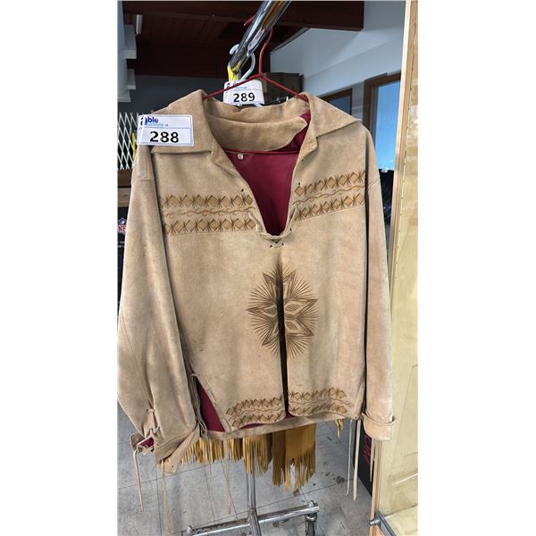 VINTAGE TAN SUEDE POLLOVER SHIRT WITH SOUTHWESTERN/AZTEC STYLE DETAILING *SIZE UNKNOWN*