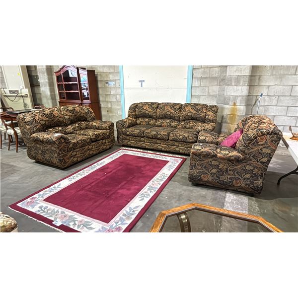 DELUXE DESIGN FABRIC UPHOLSTERED SOFA, LOVESEAT AND ARM CHAIR **CARPET IN PICTURE IS NOT INCLUDED**