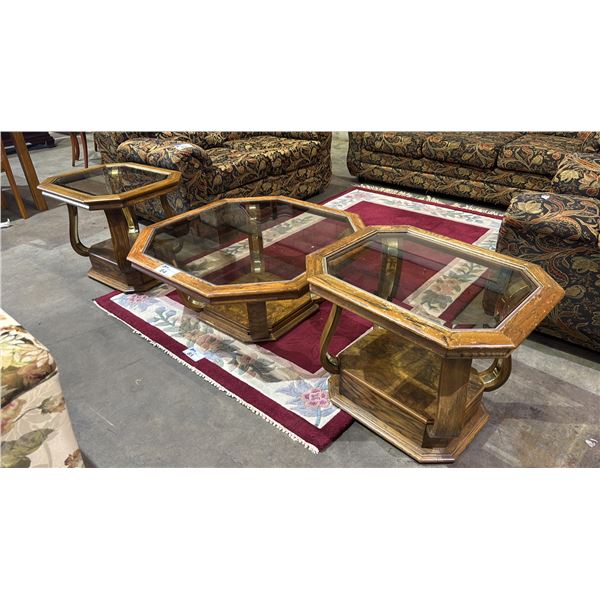GLASS TOP OCTAGONAL COFFEE TABLE WITH (2) GLASS TOP SIDE TABLES