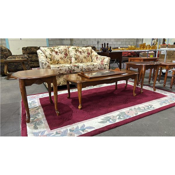 WOOD COFFEE TABLE WITH MARQUETRY INLAY & (2) WOOD SIDE TABLES WITH MARQUETRY INLAY
