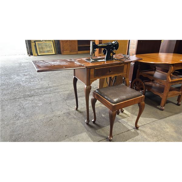 VINTAGE ELECTRIC SINGER SEWING MACHINE TABLE WITH BENCH *LOOSE PINS POKING OUT OF BOTTOM*