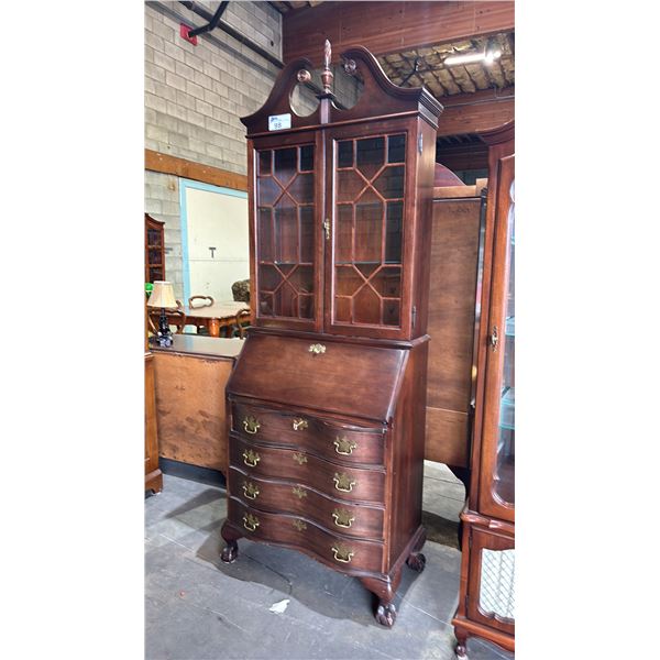 JASPER CABINET MAHOGANY CHIPPENDALE STYLE SECRETARY DESK WITH DISPLAY CABINET & KEY