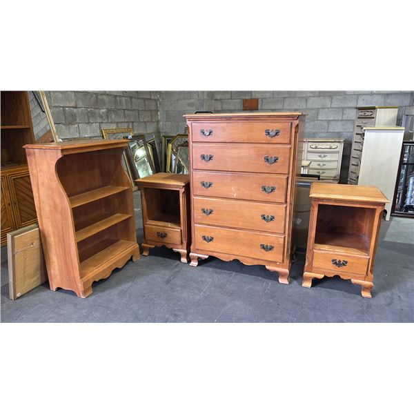 (4) PC VINTAGE WOOD BEDROOM COLLECTION: BOOKSHELF, 5-DRAWER TALLBOY DRESSER & 2 NIGHTSTANDS