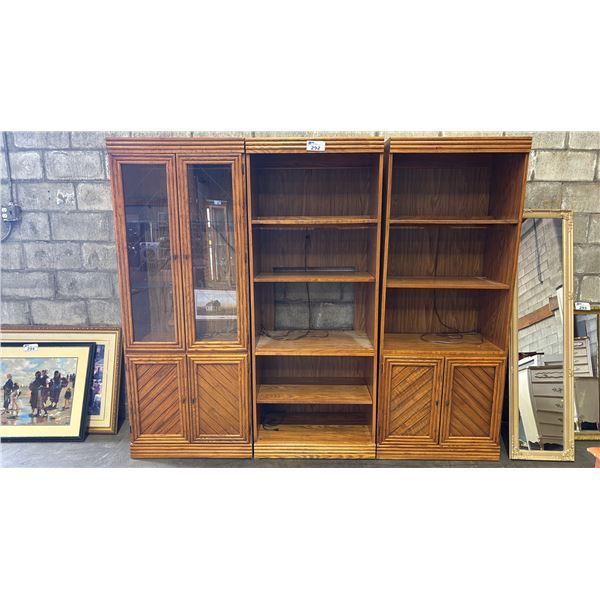 (3) PCS 1980S WOOD ILLUMINATED MODULAR WALL UNIT: DISPLAY CABINET & (2) OPEN STORAGE UNITS