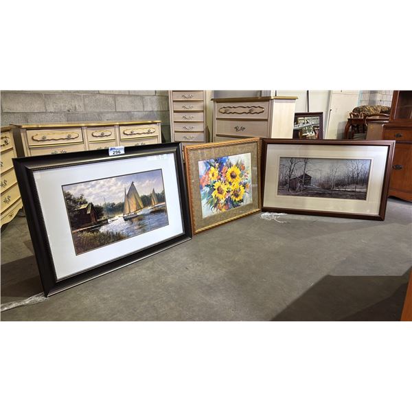 (3) ASSTD. FRAMED PRINTS: "ON A MIDDAY TIDE", "GARDEN SUNFLOWERS" & "KISSIN' BRIDGE"