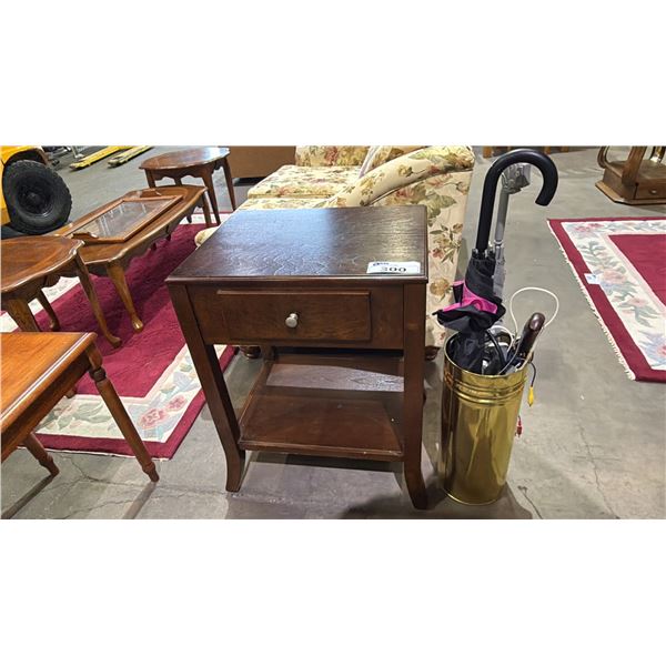 VINTAGE WOOD SINGLE DRAWER SIDE TABLE & UMBRELLA STAND WITH UMBRELLAS