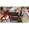 Image 1 : VINTAGE WOOD SINGLE DRAWER SIDE TABLE & UMBRELLA STAND WITH UMBRELLAS
