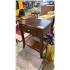 Image 2 : VINTAGE WOOD SINGLE DRAWER SIDE TABLE & UMBRELLA STAND WITH UMBRELLAS