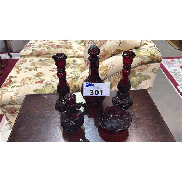 (5) PCS OF VINTAGE RUBY DEPRESSION GLASS: DECANTER, (2) CANDLESTICKS, CRUET & SMALL BOWL