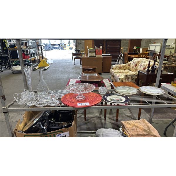 SHELF OF PLACEMATS & ASSTD. GLASSWARE: VASES, CANDLE HOLDERS, CREAM & SUGAR, PICKLE DISHES & MORE