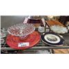 Image 3 : SHELF OF PLACEMATS & ASSTD. GLASSWARE: VASES, CANDLE HOLDERS, CREAM & SUGAR, PICKLE DISHES & MORE