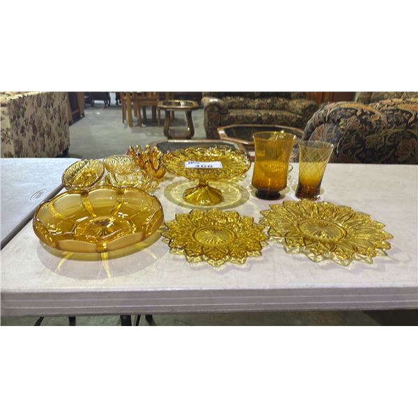 VINTAGE AMBER GLASS VASES, SERVING DISHES, PEDESTAL DESSERT TRAY & MORE