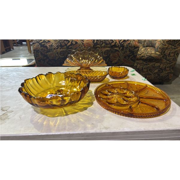 VINTAGE AMBER GLASS DEVILED EGG TRAY, SERVING BOWL, RELISH DISH, GLASS CENTERPIECE BOWL & SMALL BOWL